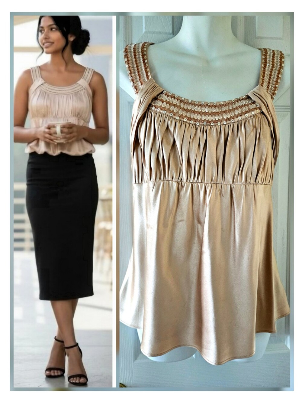 Lafayette 148 NEW YORK Blouse Hand Beaded Sleeveless Silk Size 10